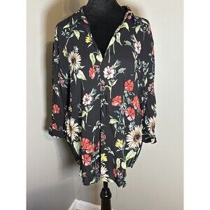 Philosophy Women's Black Floral 3/4 Sleeve Split Neck Popover Blouse Size M C5